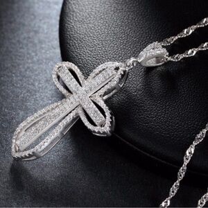 Modern CZ Silver Plated Cross Pendant with 20” Silver Plated Necklace